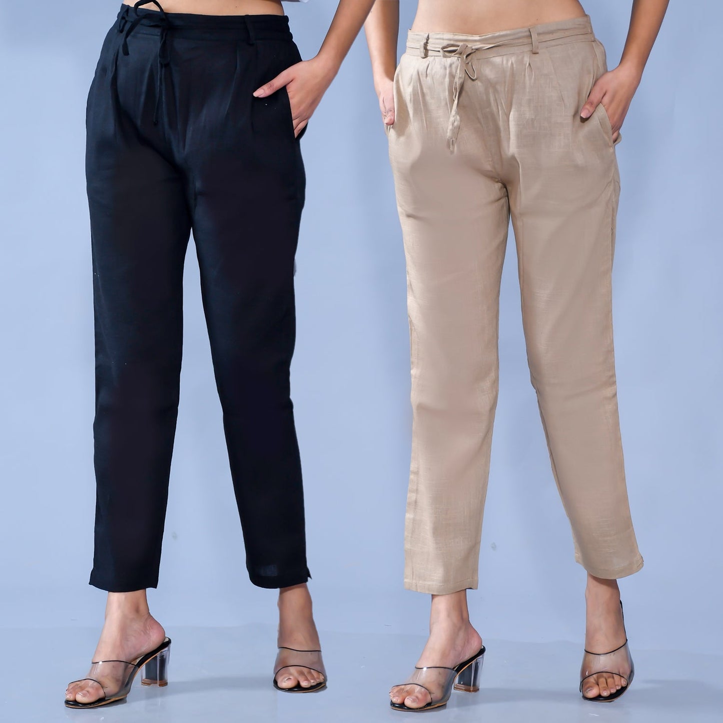 Pack Of 2 Womens Regular Fit Black And Chiku Cotton Slub Belt Pant Combo