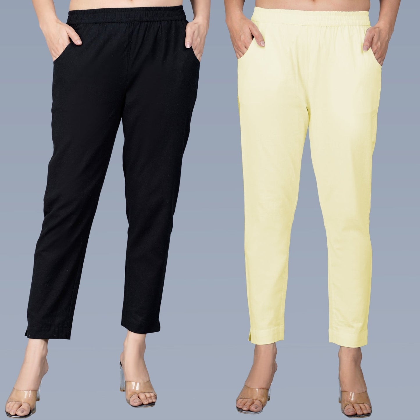 Pack Of 2 Womens Regular Fit Black And Cream Fully Elastic Waistband Cotton Trouser