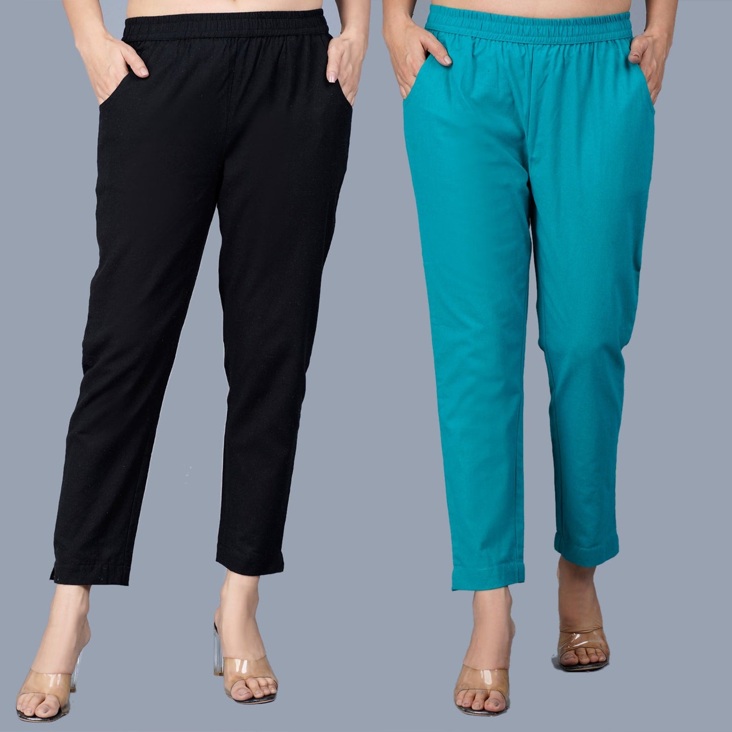 Pack Of 2 Womens Regular Fit Black And Cyan Fully Elastic Waistband Cotton Trouser