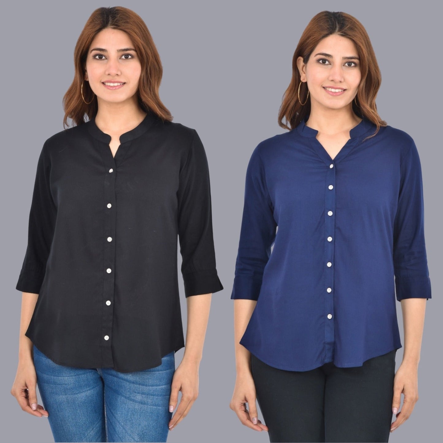 Pack Of 2 Womens Solid Black and Dark Blue Rayon Chinese Collar Shirts Combo