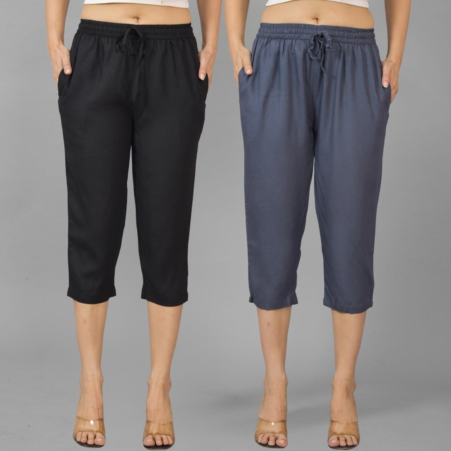 Pack Of 2 Womens Black And Dark Grey Calf Length Rayon Culottes Trouser Combo