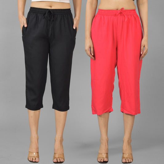 Pack Of 2 Womens Black And Gajri Calf Length Rayon Culottes Trouser Combo