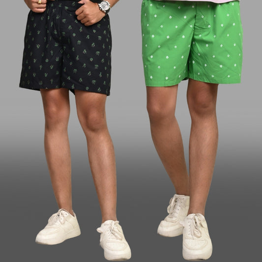 Pack Of 2 Black And Green Mens Printed Shorts Combo