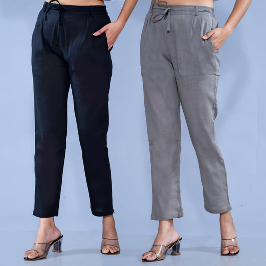 Pack Of 2 Womens Regular Fit Black And Grey Cotton Slub Belt Pant Combo