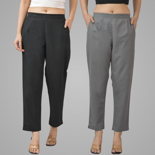 Pack Of 2 Womens Half Elastic Black And Grey Deep Pocket Cotton Pants
