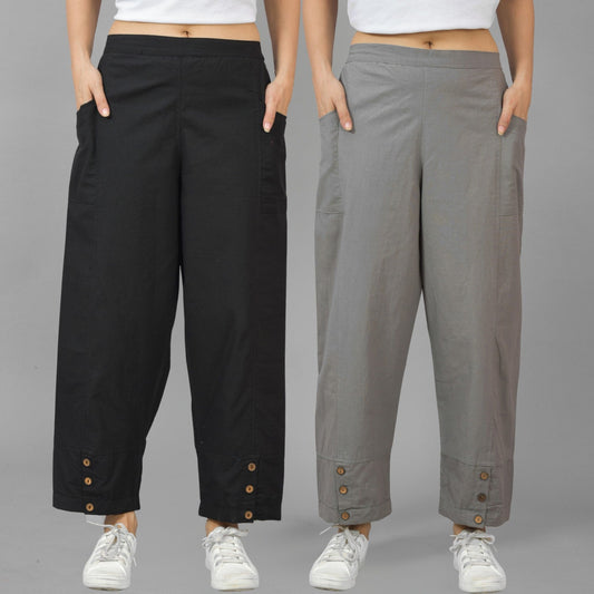 Combo Pack Of Womens Black And Grey Side Pocket Straight Cargo Pants