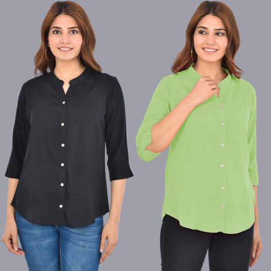 Pack Of 2 Womens Solid Black and Light Green Rayon Chinese Collar Shirts Combo