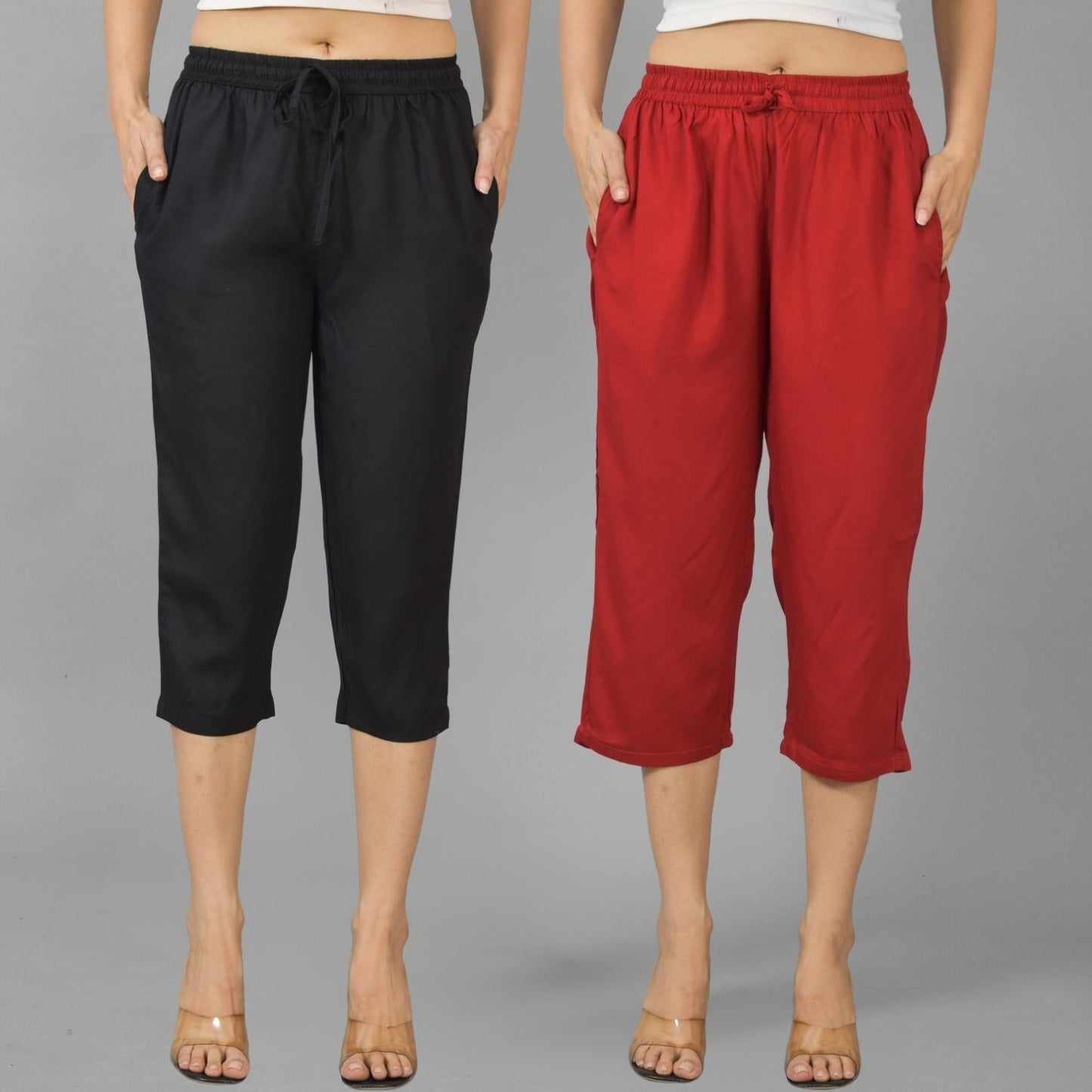 Pack Of 2 Womens Black And Maroon Calf Length Rayon Culottes Trouser Combo
