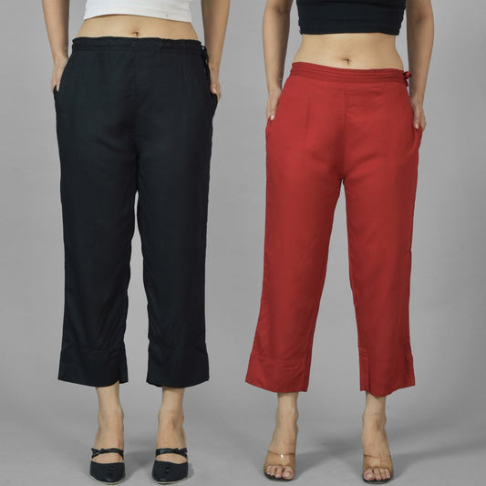 Pack Of 2 Womens Black And Maroon Ankle Length Rayon Culottes Trouser Combo