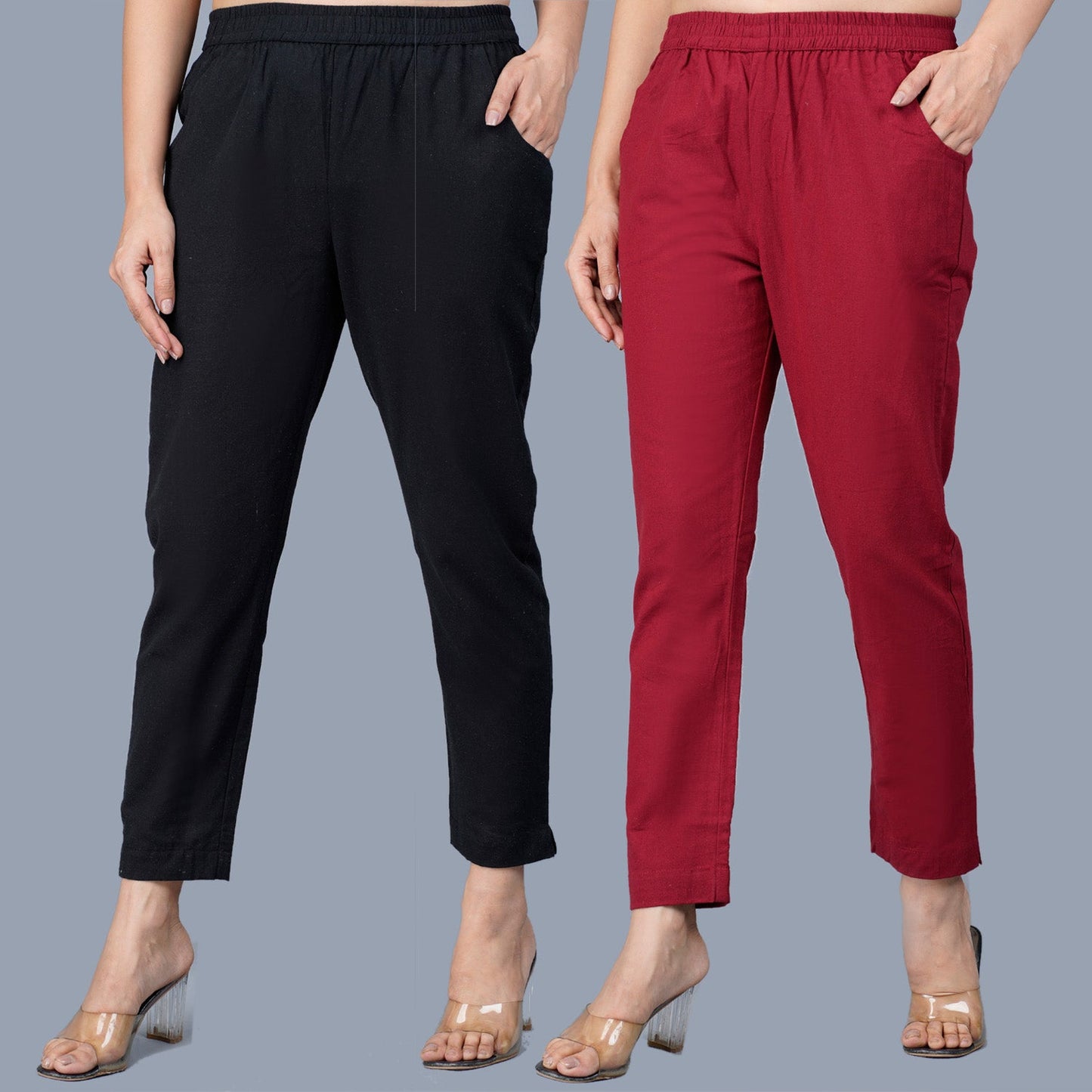 Pack Of 2 Womens Regular Fit Black And Maroon Fully Elastic Waistband Cotton Trouser