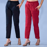 Pack Of 2 Womens Regular Fit Black And Maroon Cotton Slub Belt Pant Combo