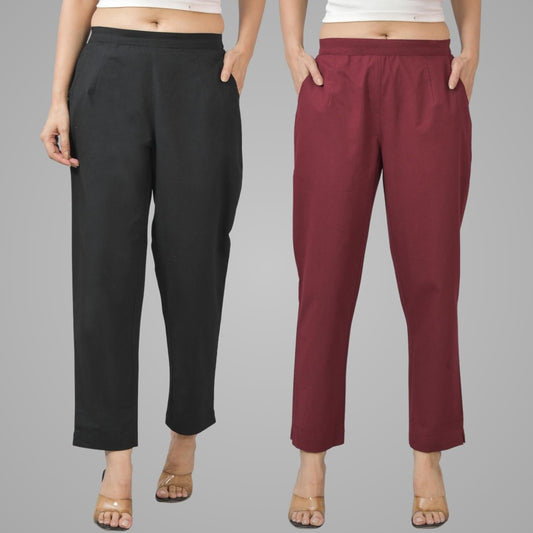 Pack Of 2 Womens Half Elastic Black And Maroon Deep Pocket Cotton Pants