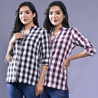 Pack Of 2 Womens Black And Maroon Chekerd Casual Shirt Combo