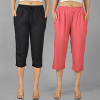 Pack Of 2 Womens Black And Mauve Pink Calf Length Rayon Culottes Trouser Combo
