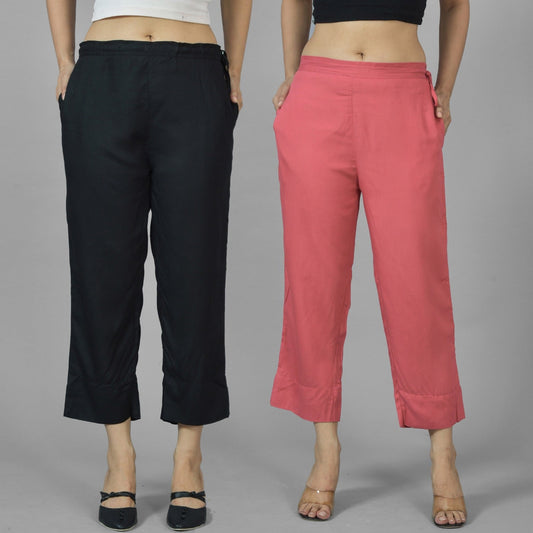 Pack Of 2 Womens Black And Mauve Pink Ankle Length Rayon Culottes Trouser Combo