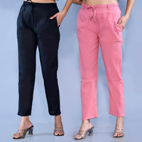 Pack Of 2 Womens Regular Fit Black And Mauve Pink Cotton Slub Belt Pant Combo