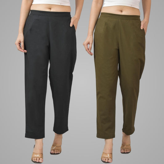 Pack Of 2 Womens Half Elastic Black And Mehndi Green Deep Pocket Cotton Pants