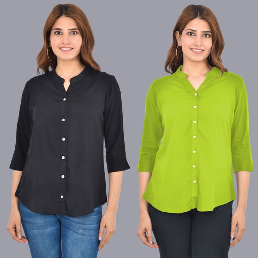 Pack Of 2 Womens Solid Black and Mehndi Green Rayon Chinese Collar Shirts Combo