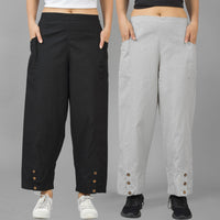 Combo Pack Of Womens Black And Melange Grey Side Pocket Straight Cargo Pants