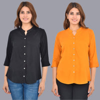 Pack Of 2 Womens Solid Black and Mustard Rayon Chinese Collar Shirts Combo