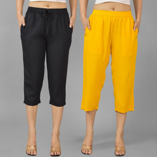 Pack Of 2 Womens Black And Mustard Calf Length Rayon Culottes Trouser Combo