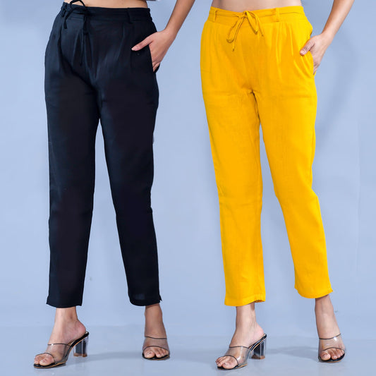 Pack Of 2 Womens Regular Fit Black And Mustard Cotton Slub Belt Pant Combo