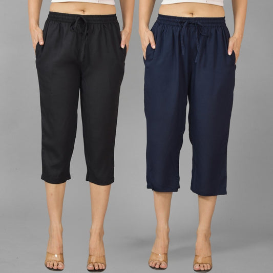 Pack Of 2 Womens Black And Navy Blue Calf Length Rayon Culottes Trouser Combo