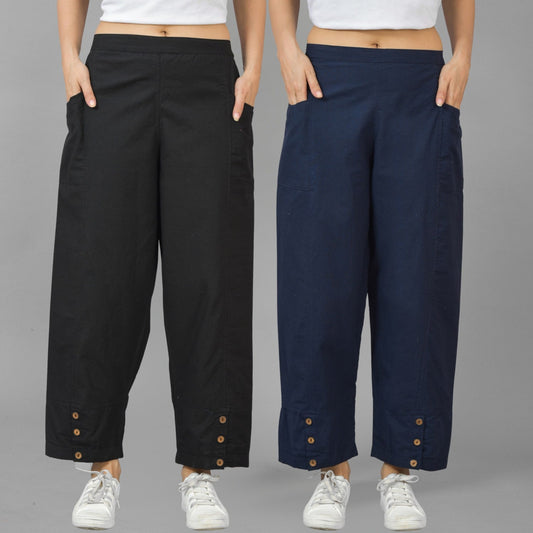 Combo Pack Of Womens Black And Navy Blue Side Pocket Straight Cargo Pants