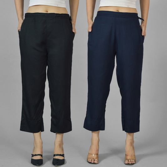 Pack Of 2 Womens Black And Navy Blue Ankle Length Rayon Culottes Trouser Combo