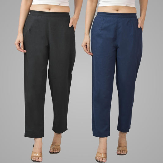 Pack Of 2 Womens Half Elastic Black And Navy Blue Deep Pocket Cotton Pants