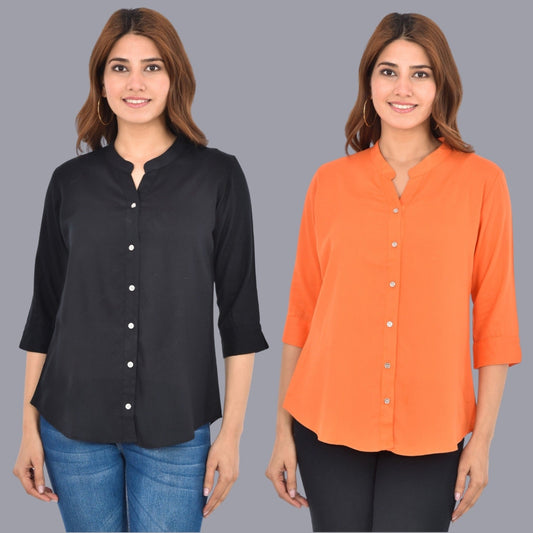 Pack Of 2 Womens Solid Black and Peach Rayon Chinese Collar Shirts Combo