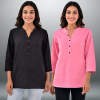 Pack Of 2 Womens Regular Fit Black And Pink Three Fourth Sleeve Cotton Tops Combo
