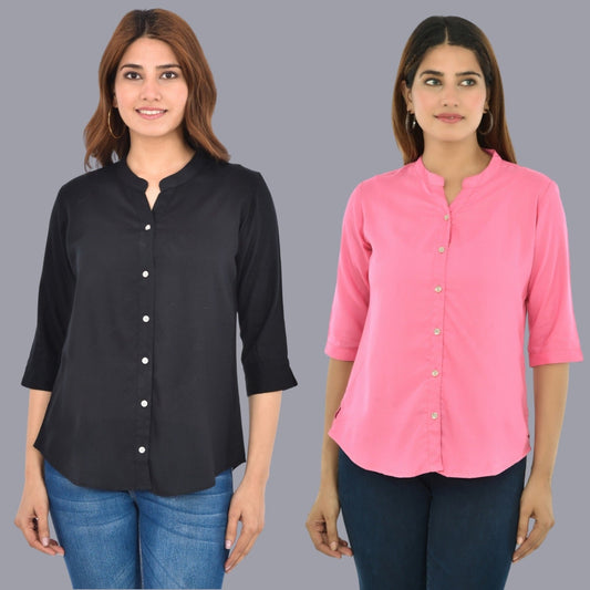 Pack Of 2 Womens Solid Black and Pink Rayon Chinese Collar Shirts Combo