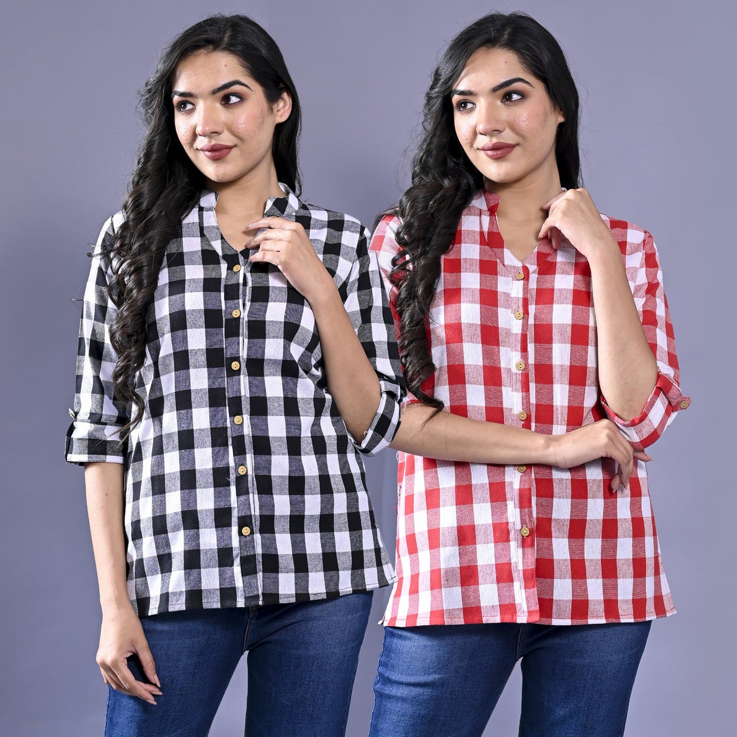 Pack Of 2 Womens Black And Pink Chekerd Casual Shirt Combo