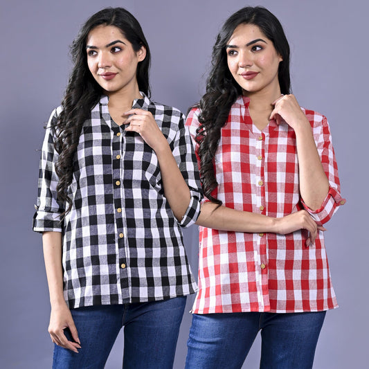 Pack Of 2 Womens Black And Pink Chekerd Casual Shirt Combo