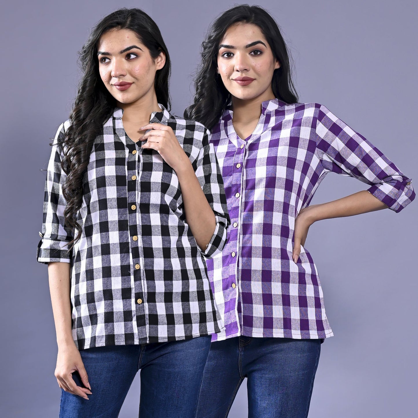 Pack Of 2 Womens Black And Purple Chekerd Casual Shirt Combo