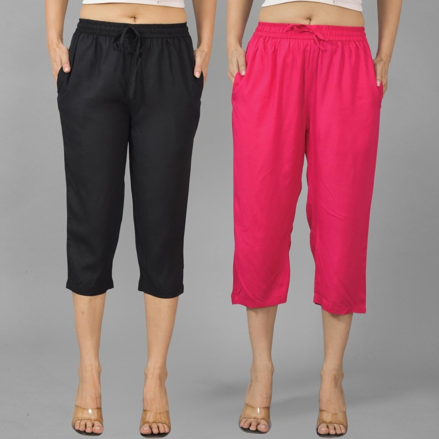 Pack Of 2 Womens Black And Rani Pink Calf Length Rayon Culottes Trouser Combo