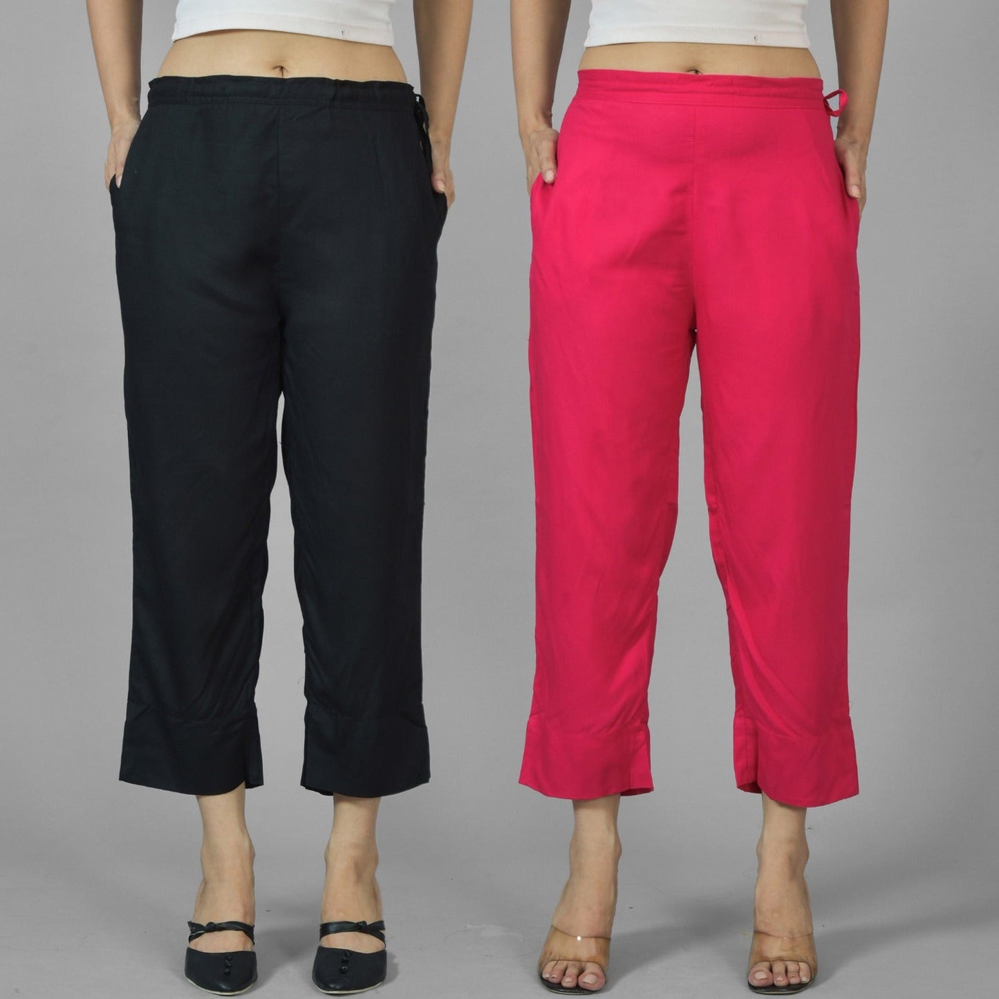 Pack Of 2 Womens Black And Rani Pink Ankle Length Rayon Culottes Trouser Combo