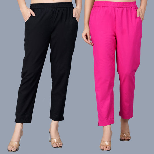 Pack Of 2 Womens Regular Fit Black And Rani Fully Elastic Waistband Cotton Trouser