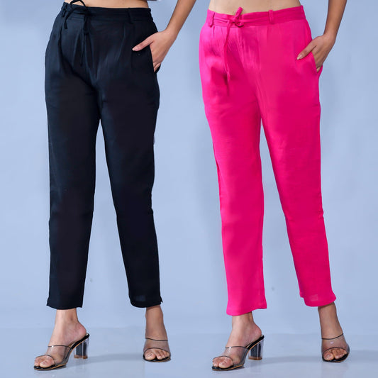 Pack Of 2 Womens Regular Fit Black And Rani Pink Cotton Slub Belt Pant Combo