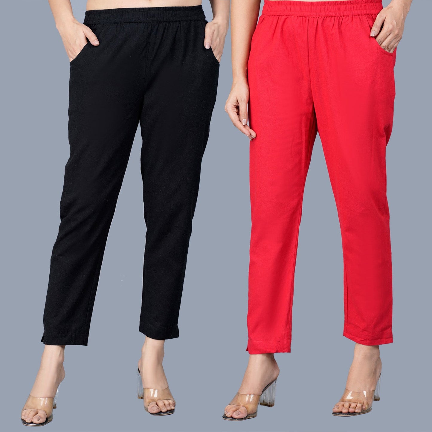 Pack Of 2 Womens Regular Fit Black And Red Fully Elastic Waistband Cotton Trouser