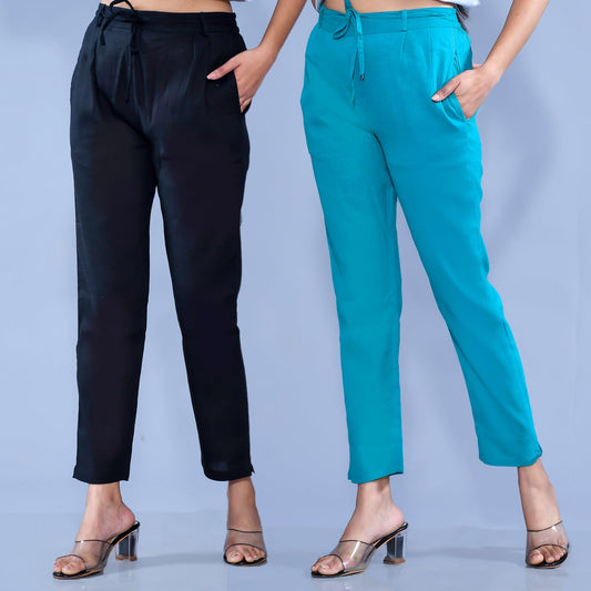 Pack Of 2 Womens Regular Fit Black And Blue Cotton Slub Belt Pant Combo