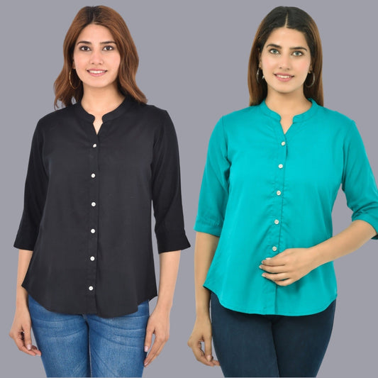 Pack Of 2 Womens Solid Black and Sky Blue Rayon Chinese Collar Shirts Combo