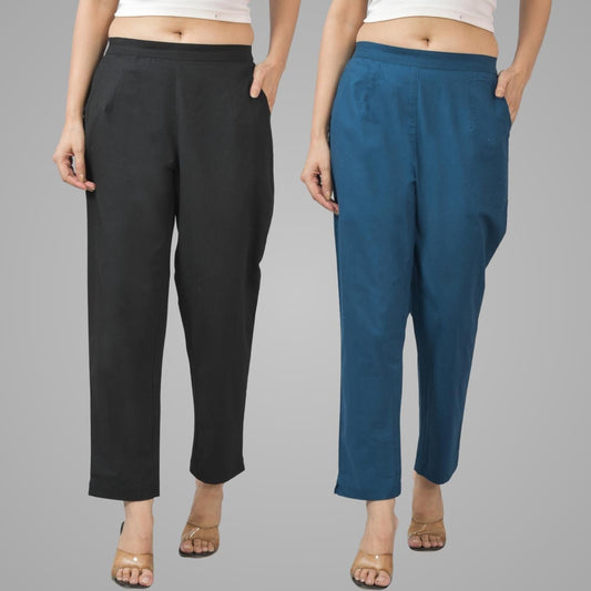 Pack Of 2 Womens Half Elastic Black And Teal Blue Deep Pocket Cotton Pants