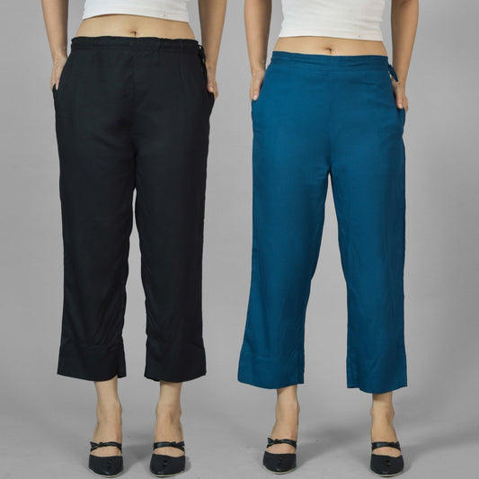 Pack Of 2 Womens Black And Teal Blue Ankle Length Rayon Culottes Trouser Combo