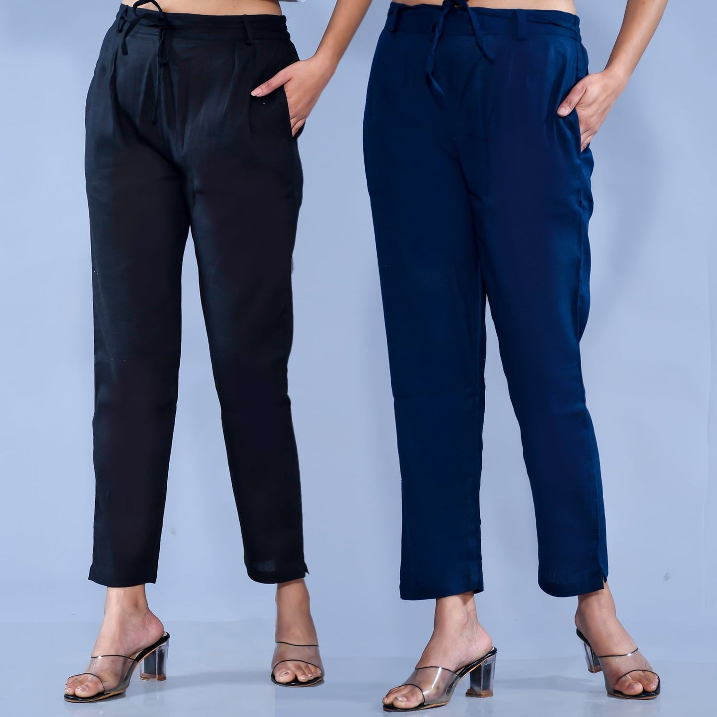 Pack Of 2 Womens Regular Fit Black And Teal Blue Cotton Slub Belt Pant Combo