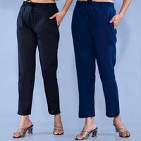 Pack Of 2 Womens Regular Fit Black And Teal Blue Cotton Slub Belt Pant Combo