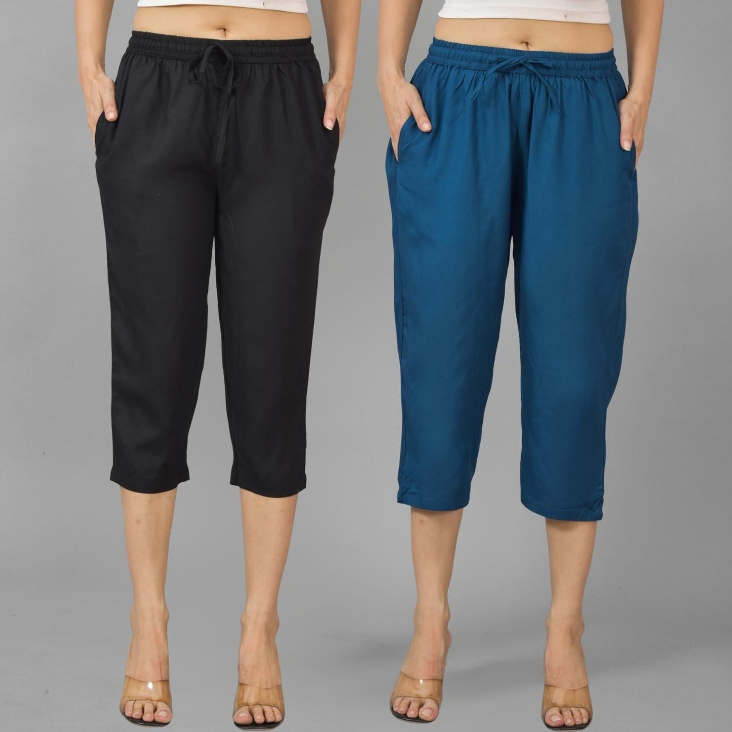 Pack Of 2 Womens Black And Teal Blue Calf Length Rayon Culottes Trouser Combo
