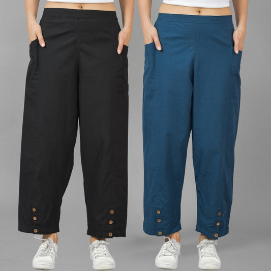 Combo Pack Of Womens Black And Teal Blue Side Pocket Straight Cargo Pants