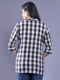 Women Regular Fit Black Checkered Mandarin Collar Casual Shirt